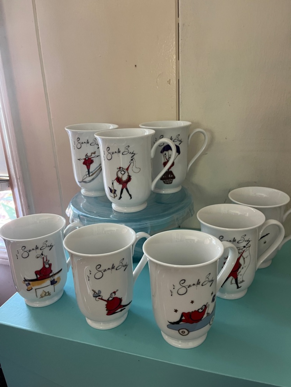 NEW in Box Pottery Barn Santa Baby Mugs Set of 8 Porcelain cups made in Japan